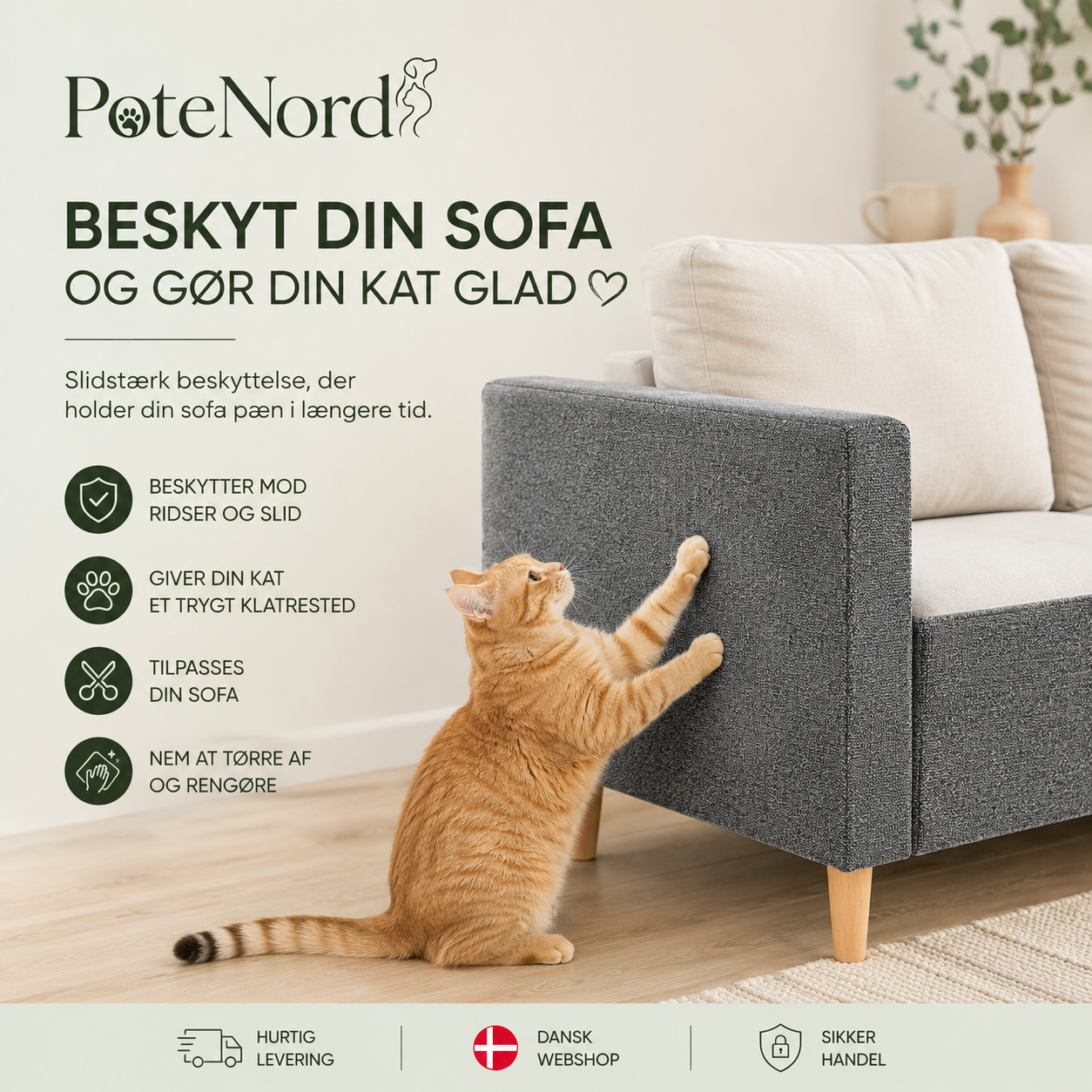 Selvklæbende kradsemåtte beige monteret på sofahjørne — NordicPet