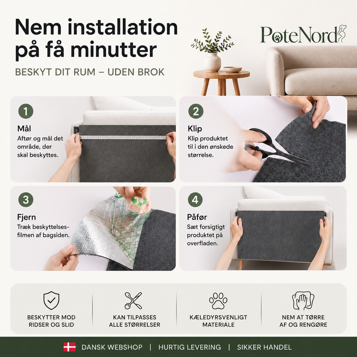 Kradsemåtte hvid på sofa — diskret design der passer til interiøret